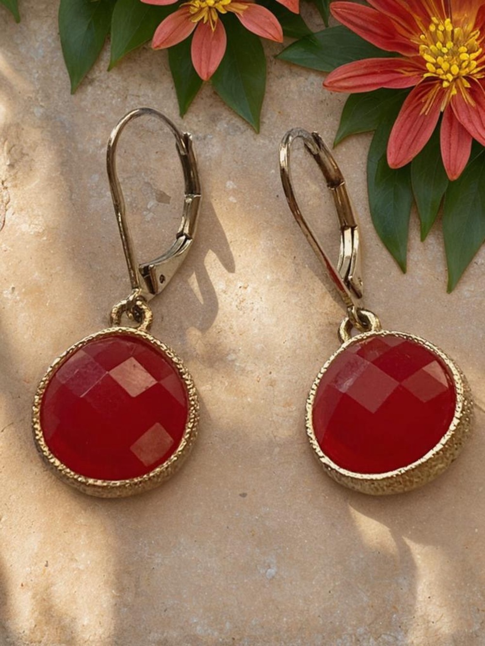 Gold-Trim Red Faceted Drop Earrings - Picture 1 of 6